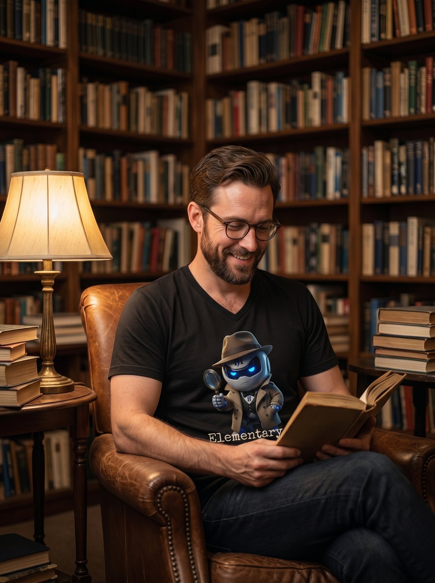 Person wearing Botson Elementary detective V-neck tee in a dim bookstore