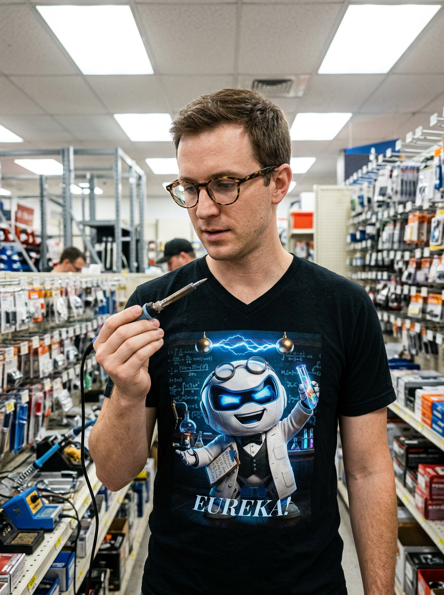 Person wearing Botson Eureka scientist V-neck tee in a hardware store aisle