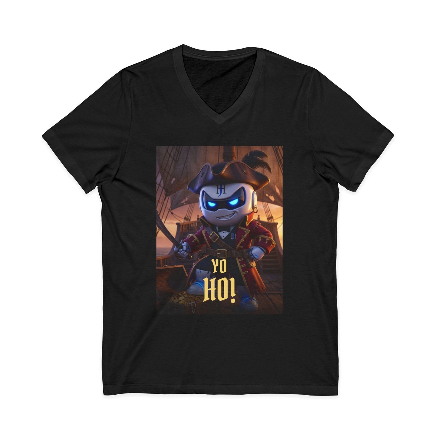 V-neck t-shirt with 3D photoreal print of Botson dressed as a pirate captain, with the tagline 'Yo ho!'