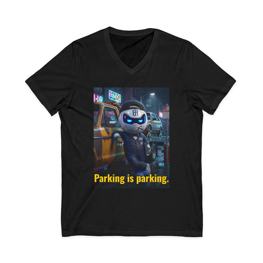 Black V-neck t-shirt with photoreal print of Botson dressed as a tow truck driver with vape pen, with the tagline 'Parking is parking.'