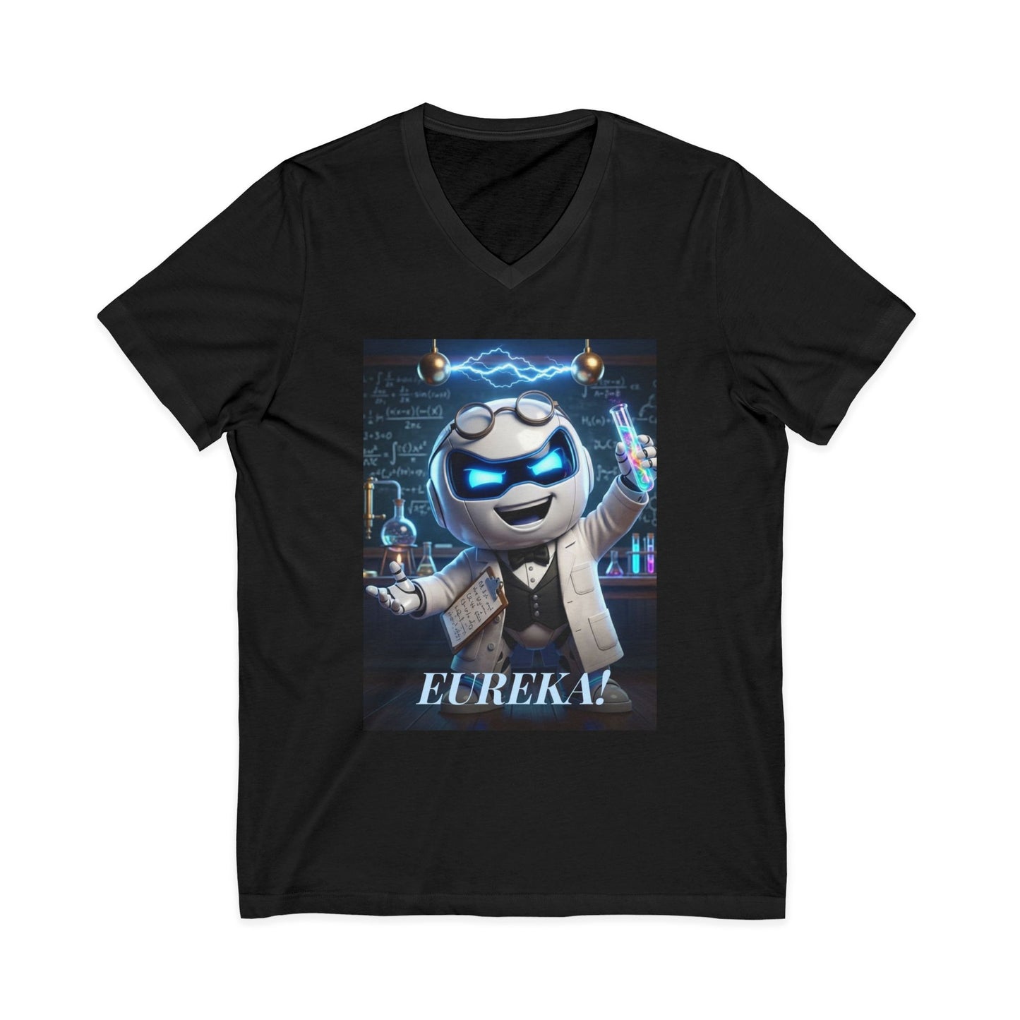 V-neck t-shirt with 3D photoreal print of Botson dressed as a mad scientist, with the tagline 'Eureka!'
