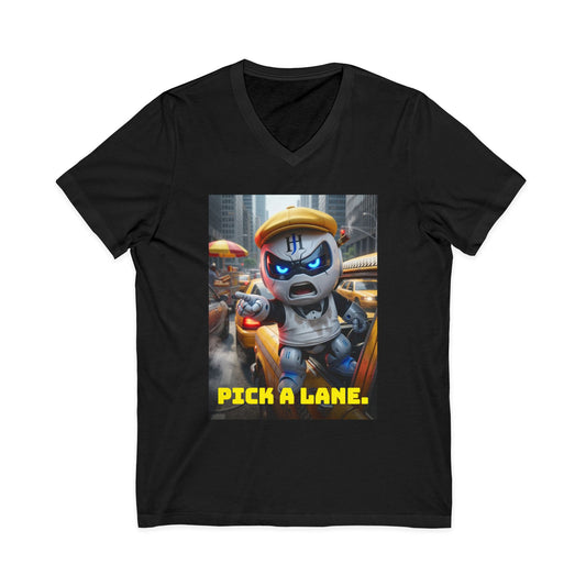 Black V-neck t-shirt with photoreal print of Botson dressed as a New York yellow cab driver pointing out the window, with the tagline 'Pick a lane.'