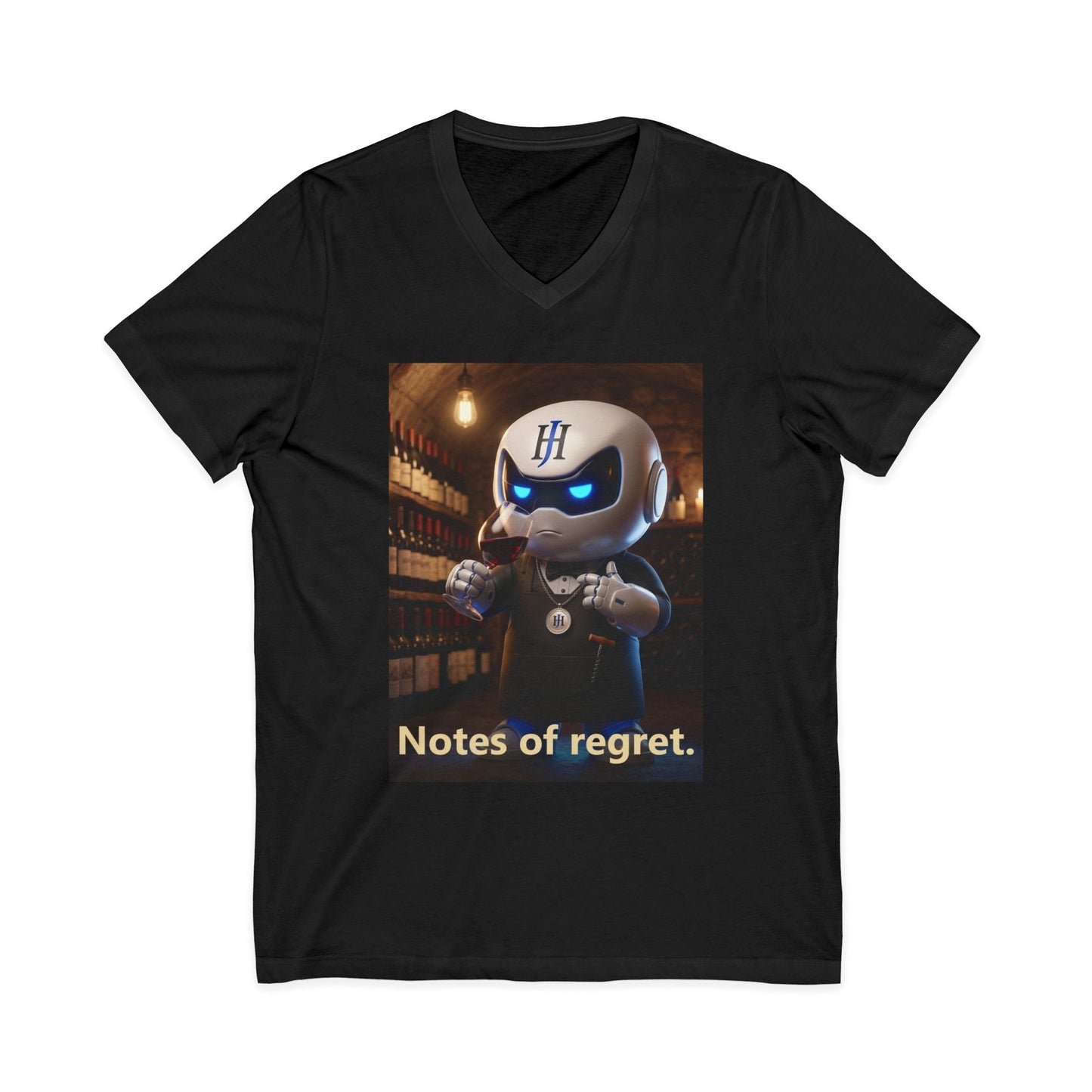 Black V-neck t-shirt with photoreal print of Botson dressed as a sommelier with tastevin medallion, with the tagline 'Notes of regret.'
