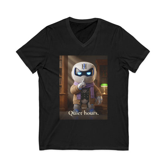 Black V-neck t-shirt with photoreal print of Botson dressed as a librarian with cardigan and reading glasses, with the tagline 'Quiet hours.'