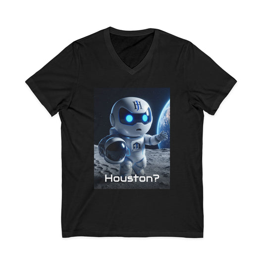 V-neck t-shirt with 3D photoreal print of Botson dressed as an astronaut, with the tagline 'Houston?'