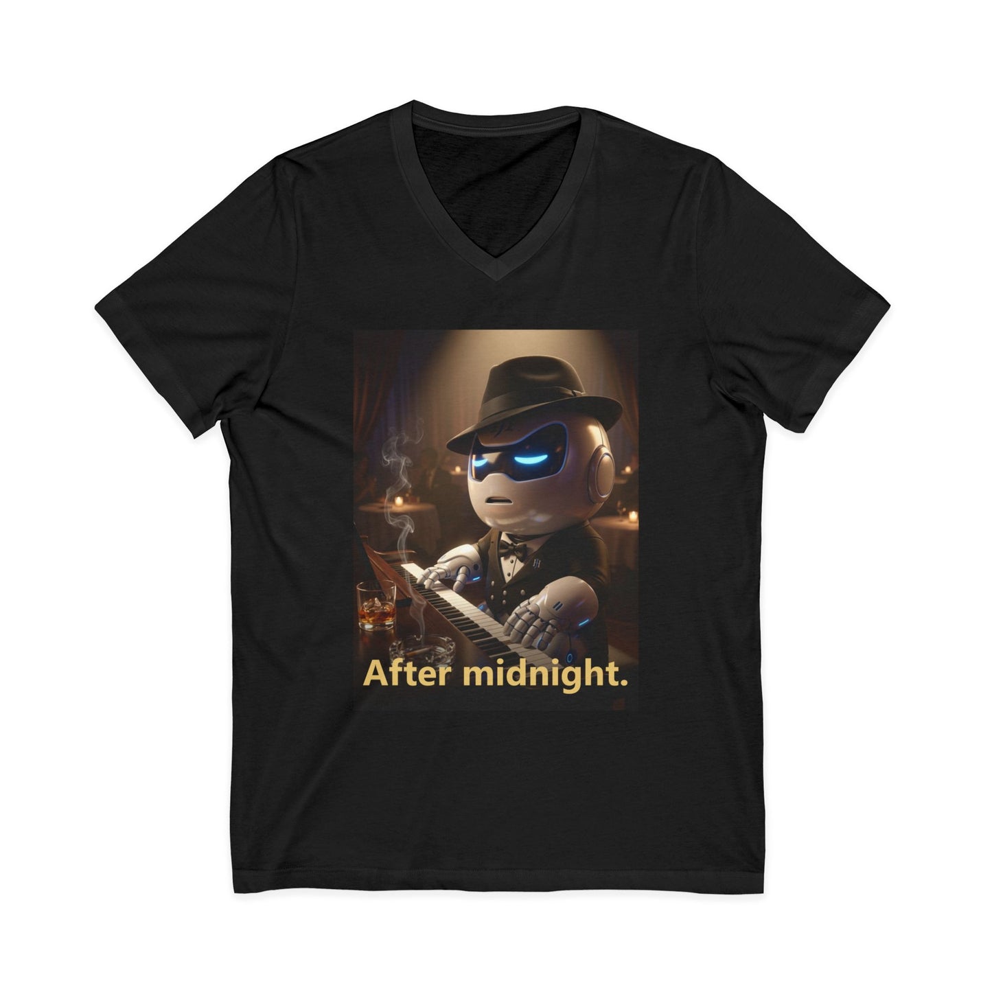 Black V-neck t-shirt with photoreal print of Botson dressed as a jazz pianist with fedora, with the tagline 'After midnight.'