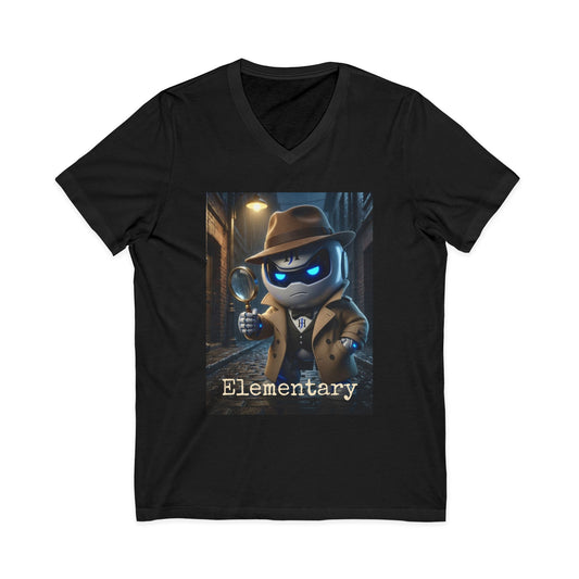 V-neck t-shirt with 3D photoreal print of Botson dressed as detective Sherlock Holmes, with the tagline 'Elementary.'
