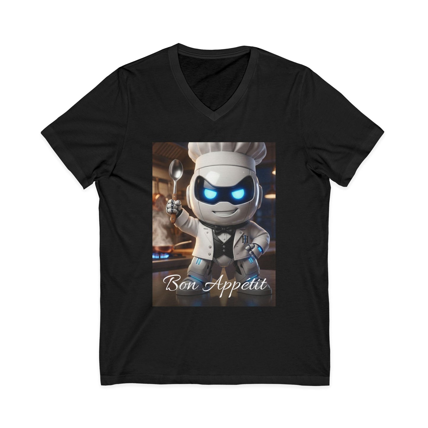 V-neck t-shirt with 3D photoreal print of Botson dressed as a French chef, with the tagline 'Bon Appetit.'