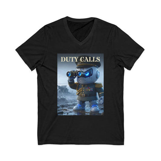 V-neck t-shirt with 3D photoreal print of Botson dressed as a military general, with the tagline 'Duty calls.'