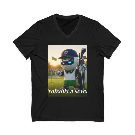Black V-neck t-shirt with photoreal print of Botson dressed as a golf caddy in an oversized bib, with the tagline 'Probably a seven.'