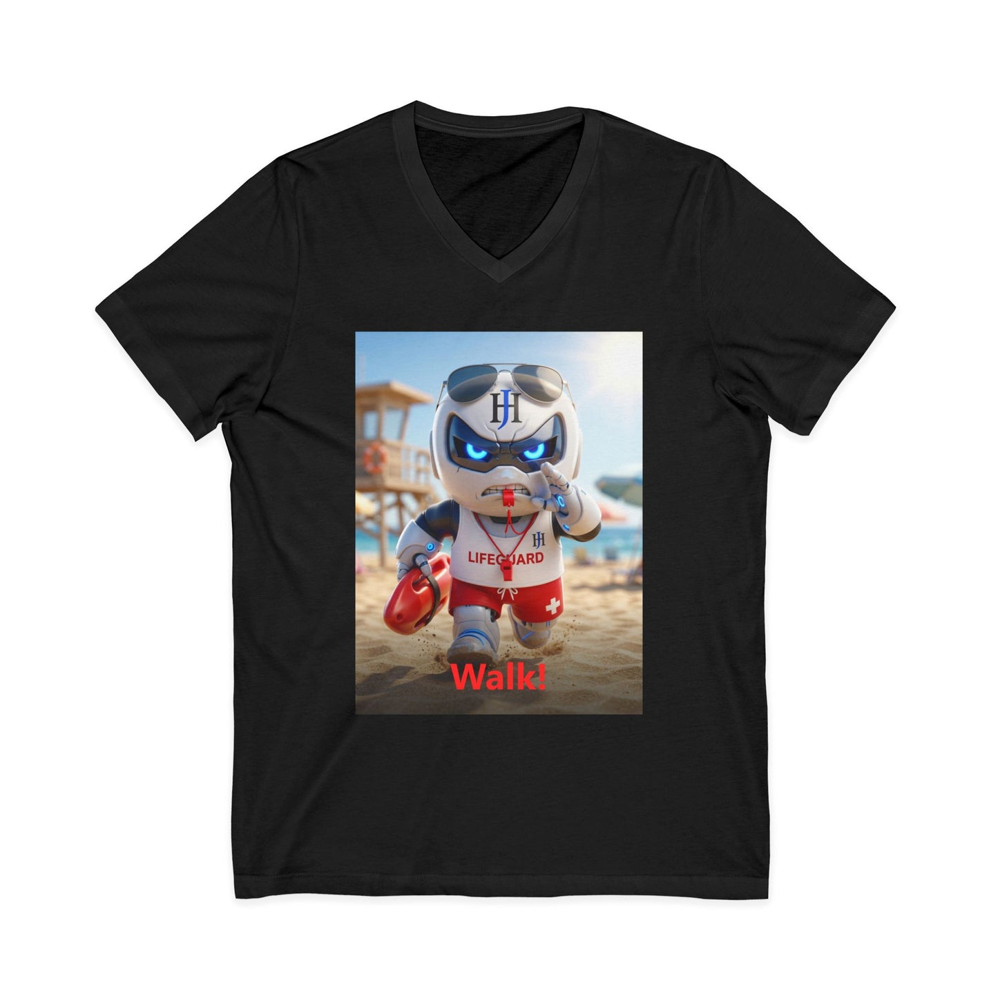Black V-neck t-shirt with photoreal print of Botson dressed as a beach lifeguard with whistle and red buoy, with the tagline 'Walk!'