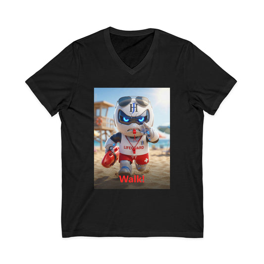 Black V-neck t-shirt with photoreal print of Botson dressed as a beach lifeguard with whistle and red buoy, with the tagline 'Walk!'