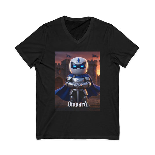 V-neck t-shirt with 3D photoreal print of Botson dressed as a medieval knight, with the tagline 'Onward.'