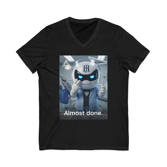 Black V-neck t-shirt with photoreal print of Botson dressed as a dentist with face shield raised, with the tagline 'Almost done.'