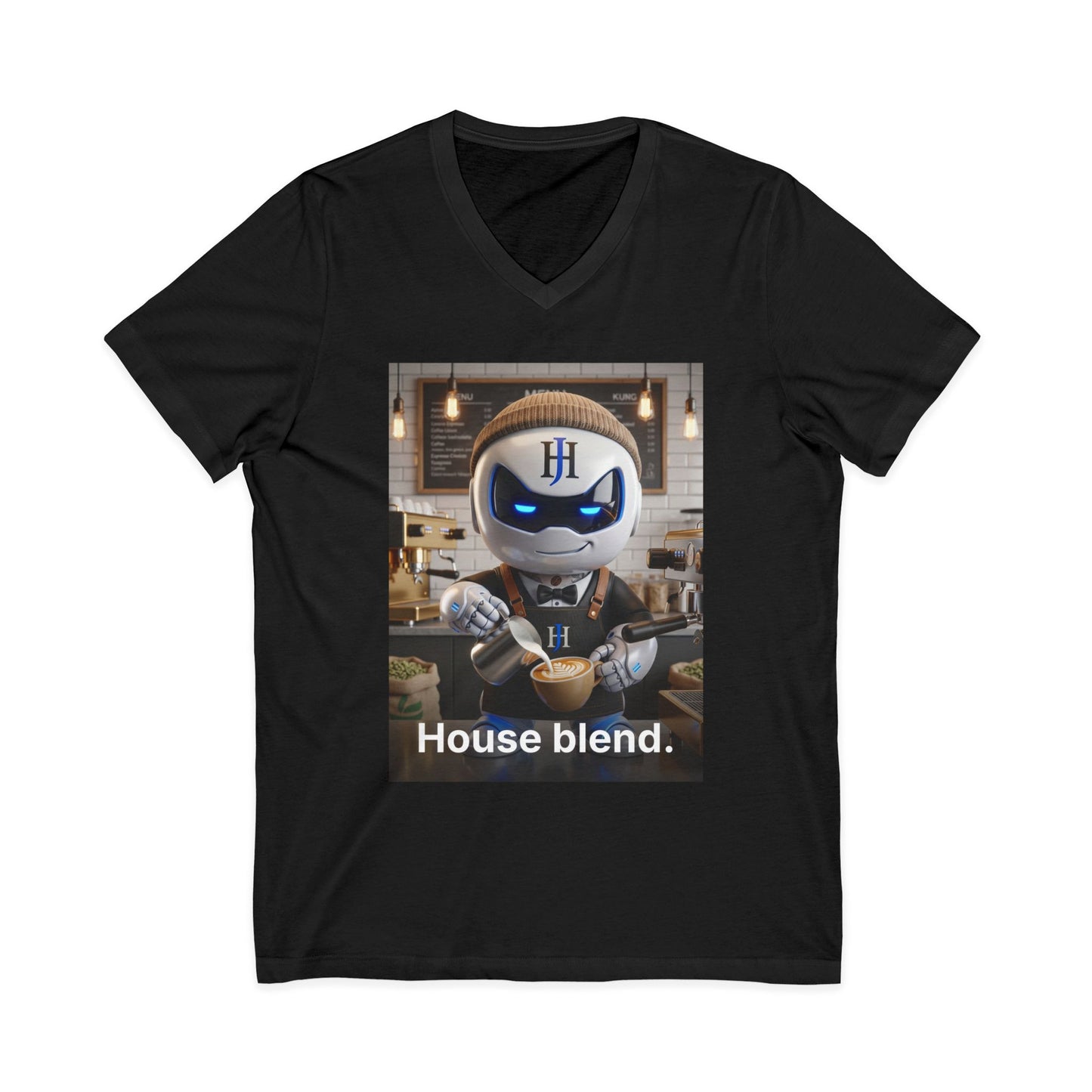 Black V-neck t-shirt with photoreal print of Botson dressed as a barista pouring a rosetta latte, with the tagline 'House blend.'