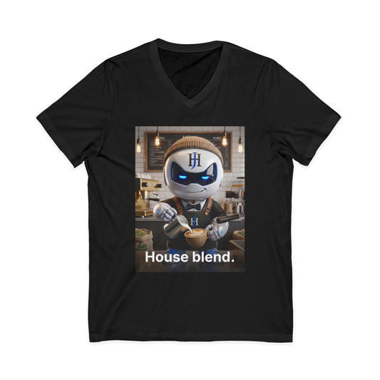 Black V-neck t-shirt with photoreal print of Botson dressed as a barista pouring a rosetta latte, with the tagline 'House blend.'