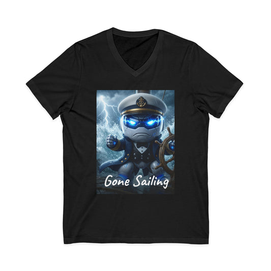 V-neck t-shirt with 3D photoreal print of Botson dressed as a ship captain, with the tagline 'Gone sailing.'