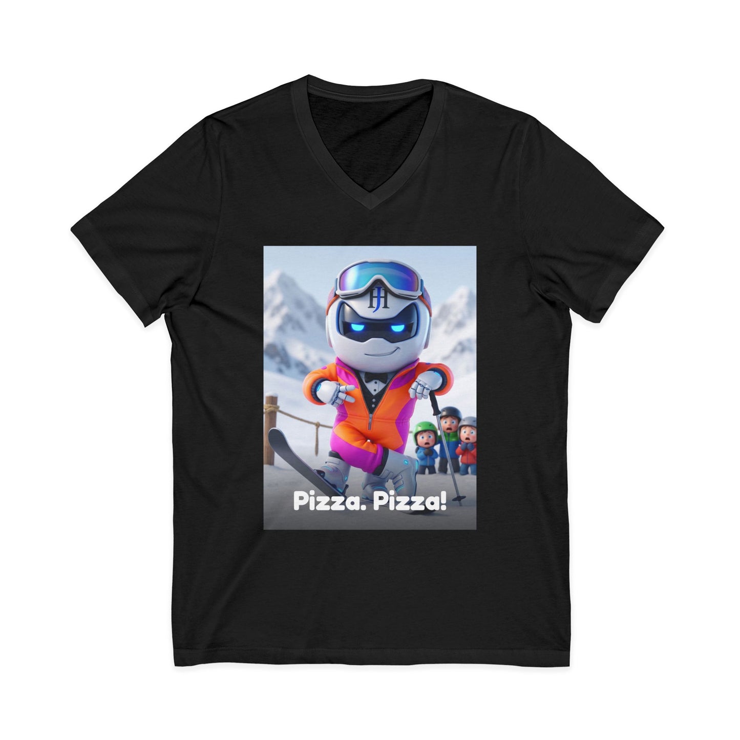 Black V-neck t-shirt with photoreal print of Botson dressed as a ski instructor in a neon onesie, with the tagline 'Pizza. Pizza!'