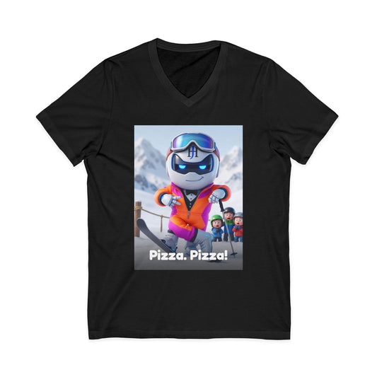 Black V-neck t-shirt with photoreal print of Botson dressed as a ski instructor in a neon onesie, with the tagline 'Pizza. Pizza!'