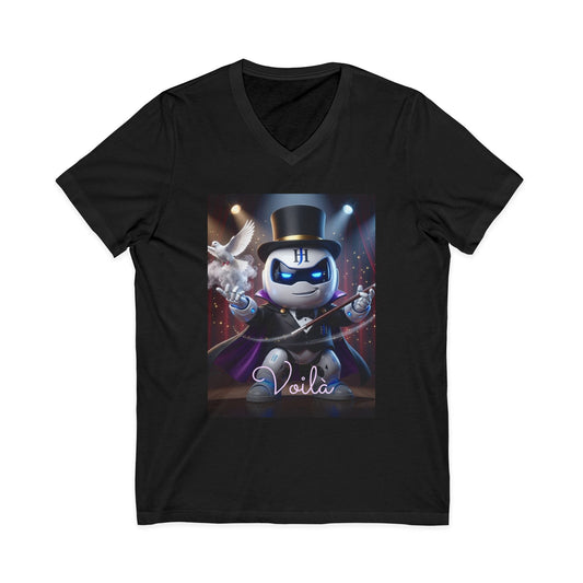 V-neck t-shirt with 3D photoreal print of Botson dressed as a stage magician, with the tagline 'Voila.'
