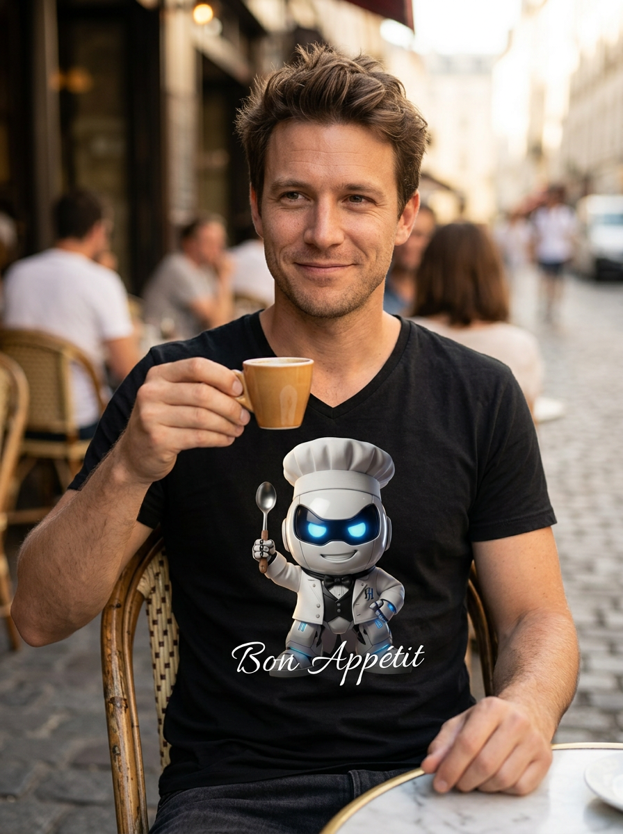 Person wearing Botson Bon Appetit chef V-neck tee at a French bistro patio