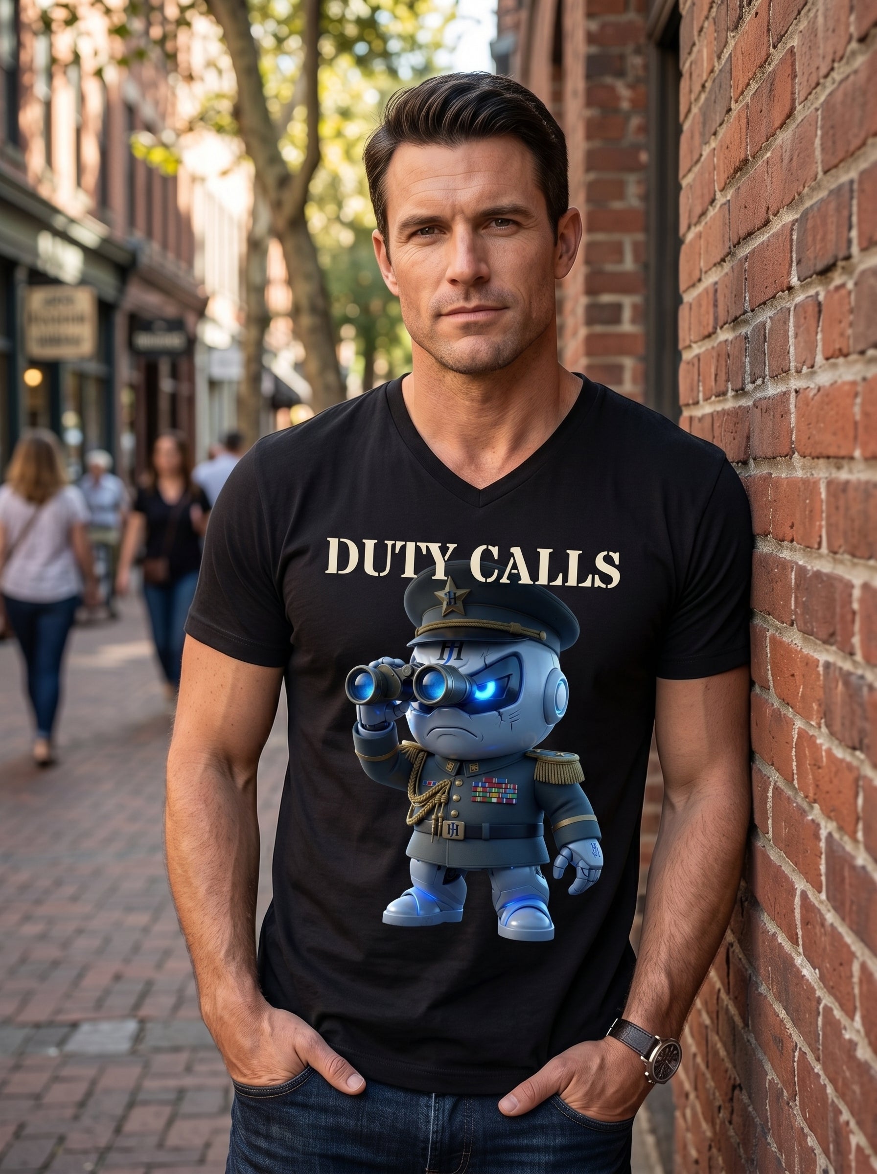 Person wearing Botson Duty Calls general V-neck tee leaning against a brick wall in a city street