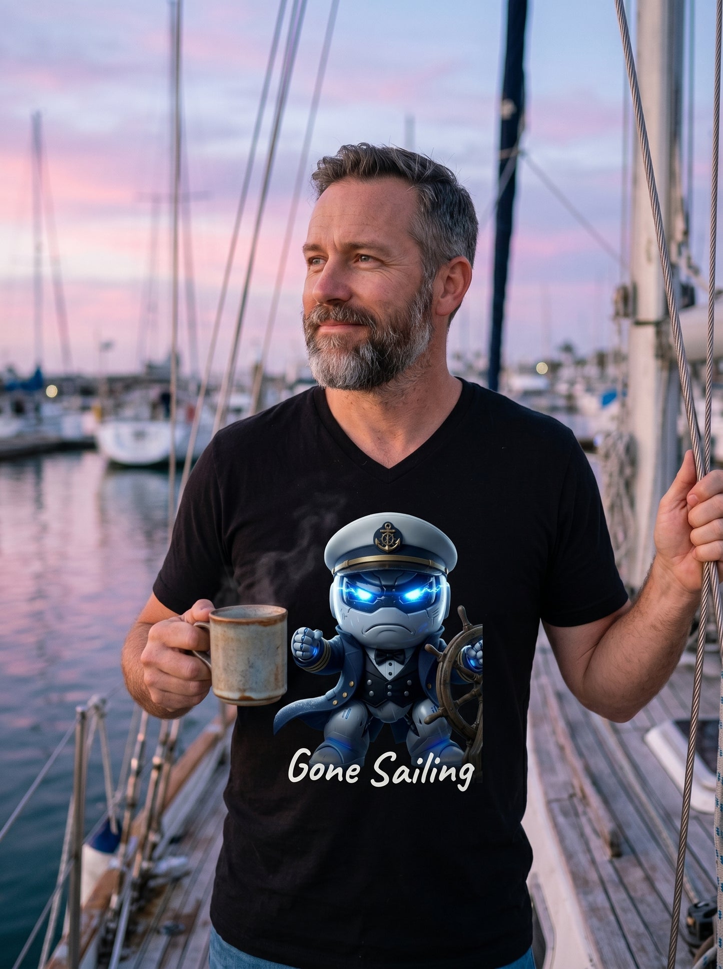 Person wearing Botson Gone Sailing captain V-neck tee on the deck of a sailboat at sunrise