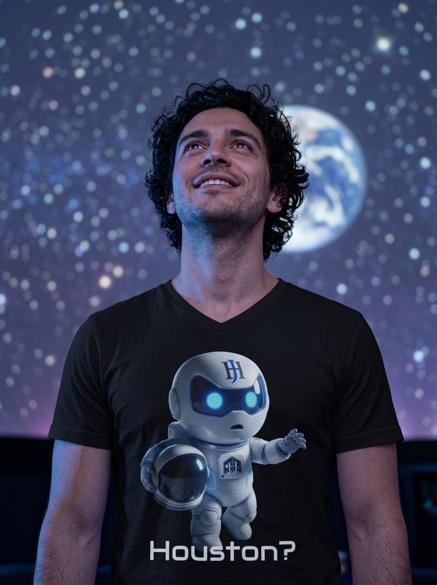 Person wearing Botson Houston astronaut V-neck tee in a planetarium with Earth projected behind