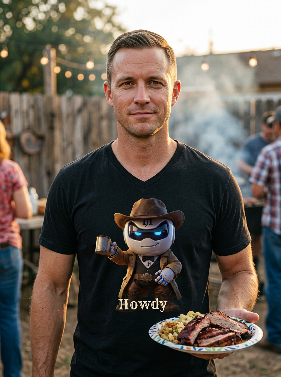 Person wearing Botson Howdy cowboy V-neck tee at a Texas BBQ at golden hour
