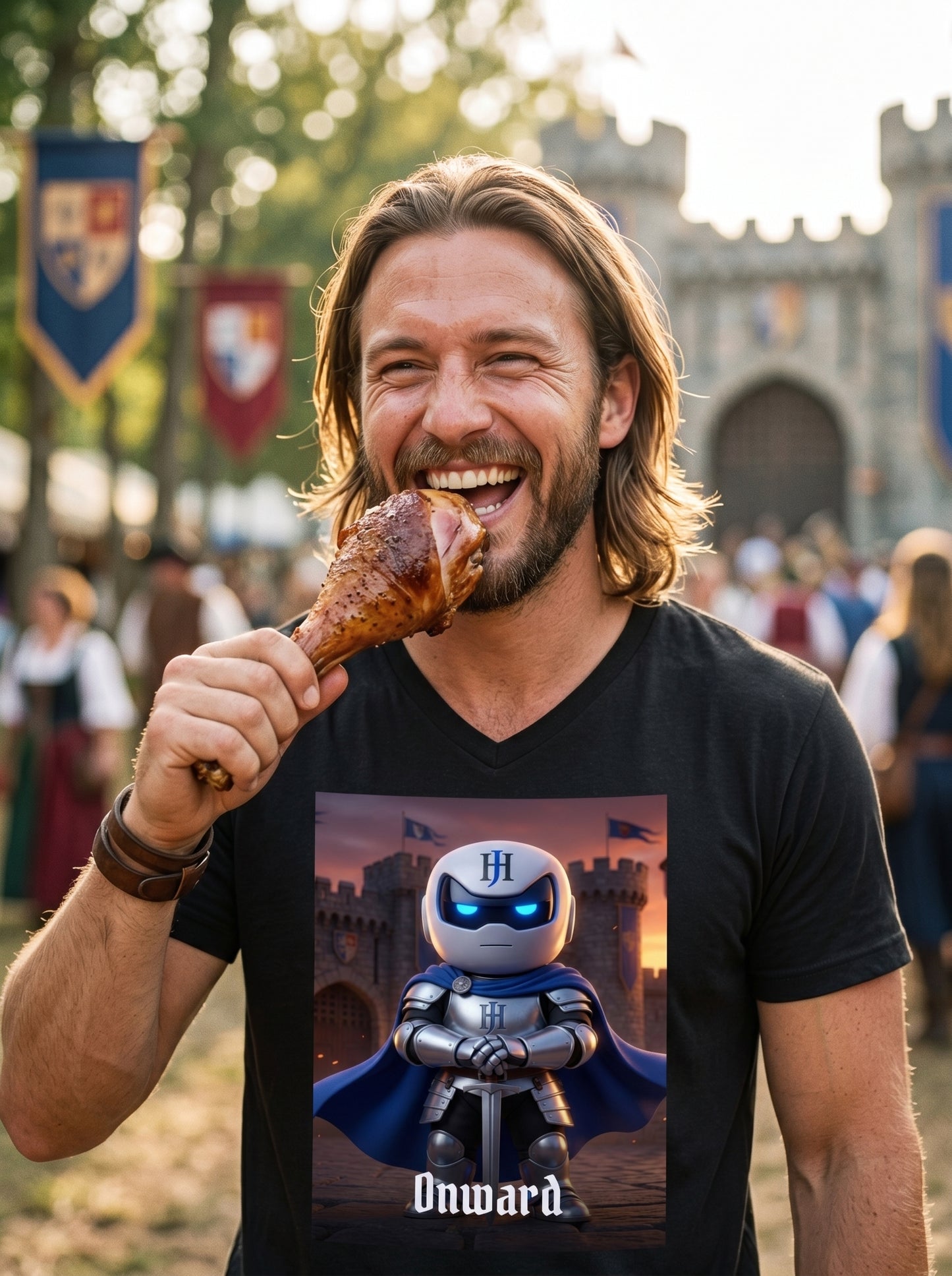 Person wearing Botson Onward knight V-neck tee at a medieval renaissance fair