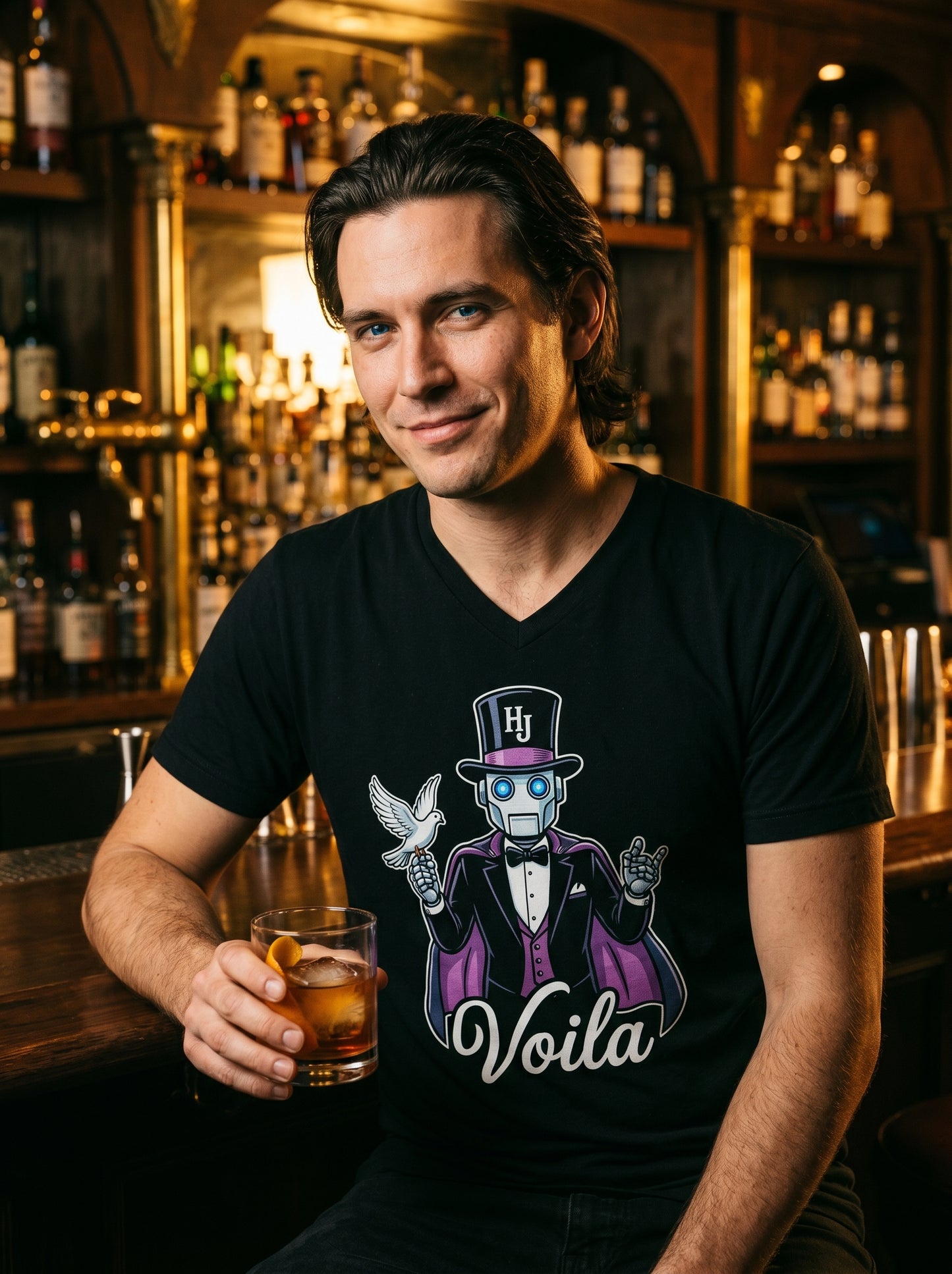 Person wearing Botson Voila magician V-neck tee at an old-school cocktail lounge