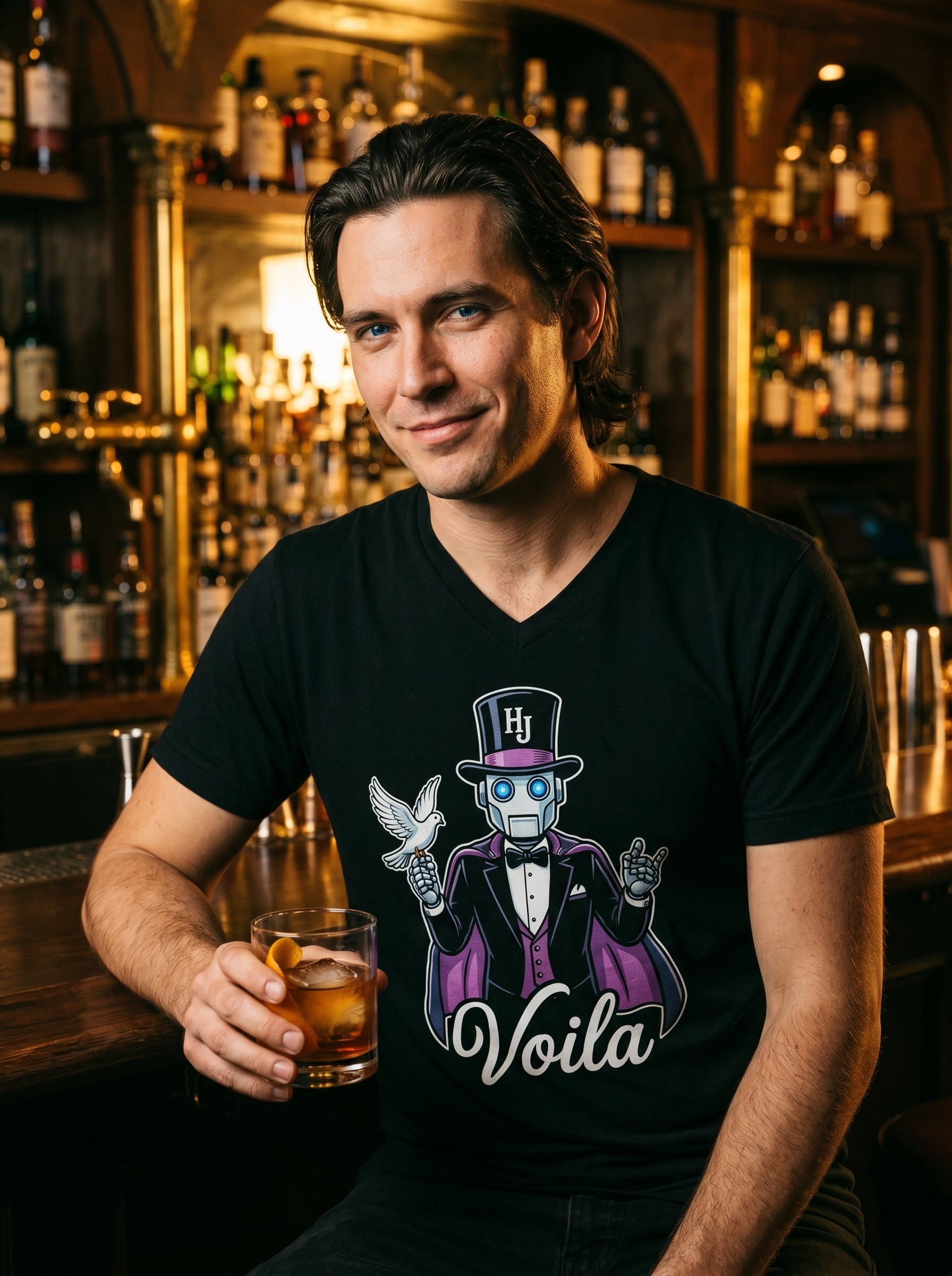 Person wearing Botson Voila magician V-neck tee at an old-school cocktail lounge