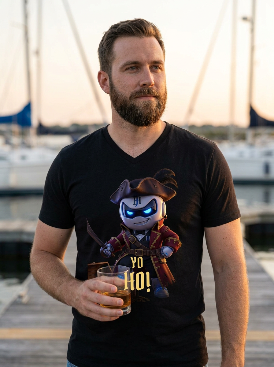 Person wearing Botson Yo Ho pirate V-neck tee on a wooden pier at a harbor