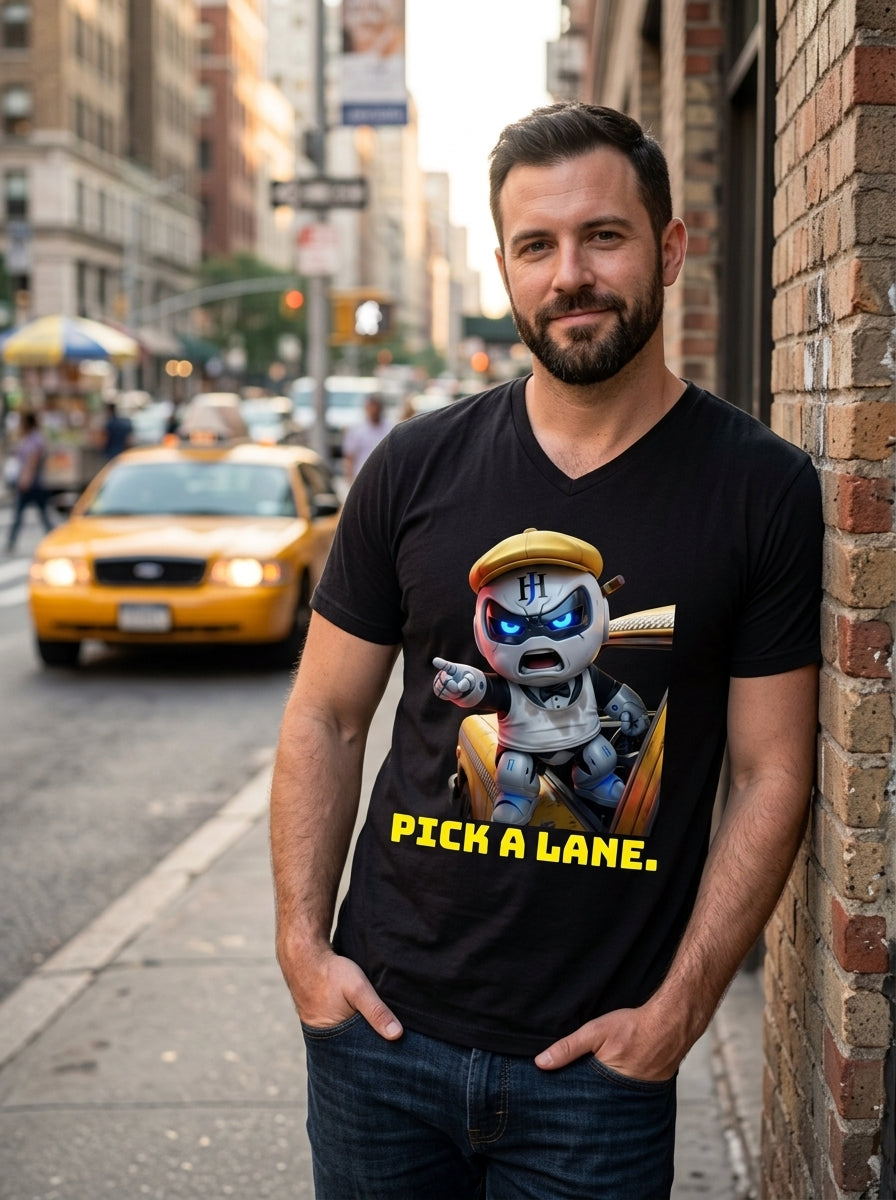 Person wearing Botson 'Pick a lane' tee in a real-world setting