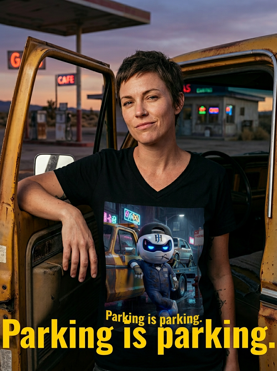Person wearing Botson 'Parking is parking' tee in a real-world setting